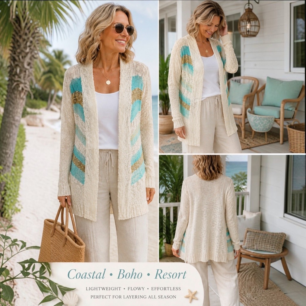 Belldini Open Front Knit Cardigan L Aqua Beige Metallic Stripe Lightweight Boho